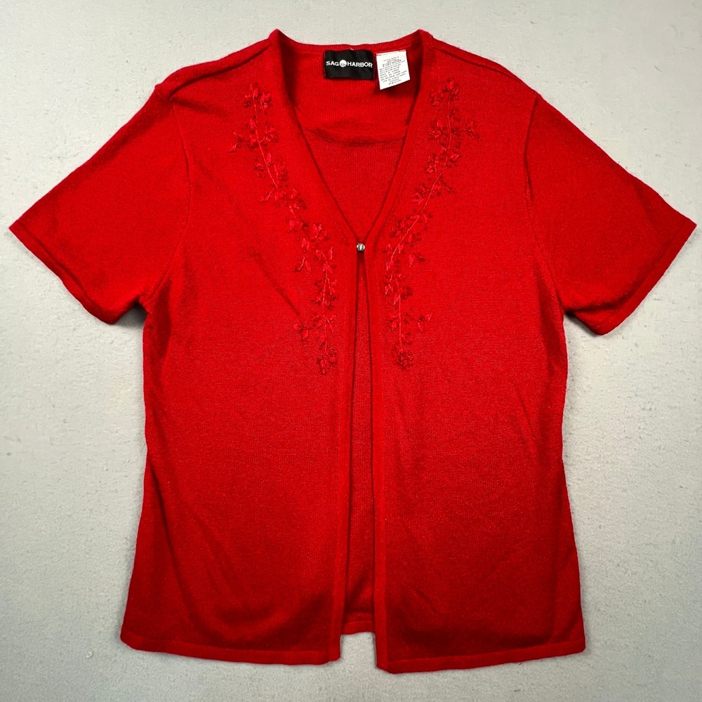 Sag Harbor Sweater Set Womens XL Red Embroidered Cardigan Tank Twin Set Vintage